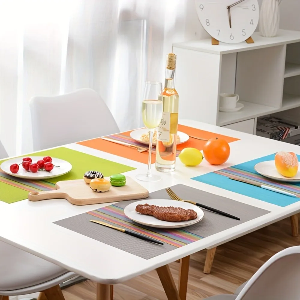 6 Pieces PVC Colorful Strip Table Mat Waterproof Wear-resistant Insulated Plate Mat Rectangular Washable Plate Pads Hotel
6 Pieces PVC Colorful Strip Table Mat Waterproof Wear-resistant Insulated Plate Mat Rectangular Washable Plate Pads Hotel