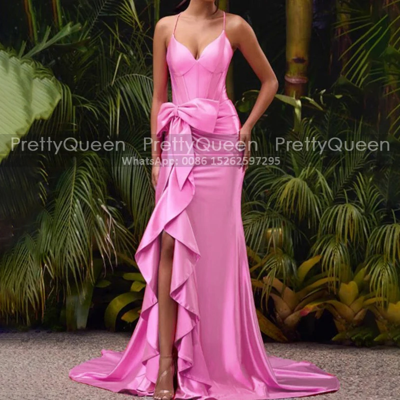 Ruffles Mermaid Prom Dresses Long Customized Spaghetti Straps Dark Pink Bow Side Slit Women Reception Dress Party
Ruffles Mermaid Prom Dresses Long Customized Spaghetti Straps Dark Pink Bow Side Slit Women Reception Dress Party
