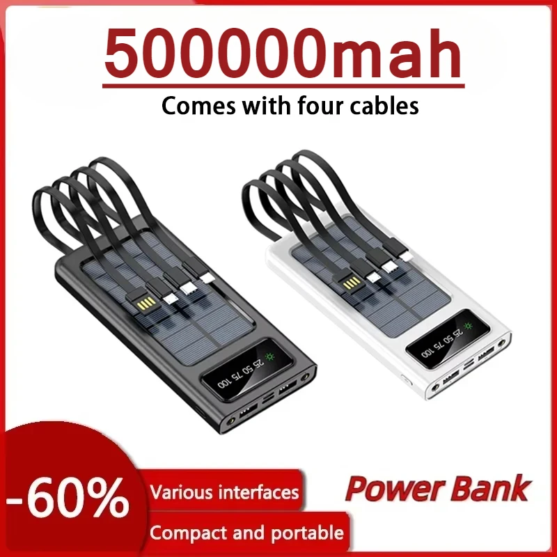500000mAh Solar Power Bank Large Capacity Mobile Power Fast Charging Battery With Dual USB 4 Cables For iPhone Samsung
500000mAh Solar Power Bank Large Capacity Mobile Power Fast Charging Battery With Dual USB 4 Cables For iPhone Samsung