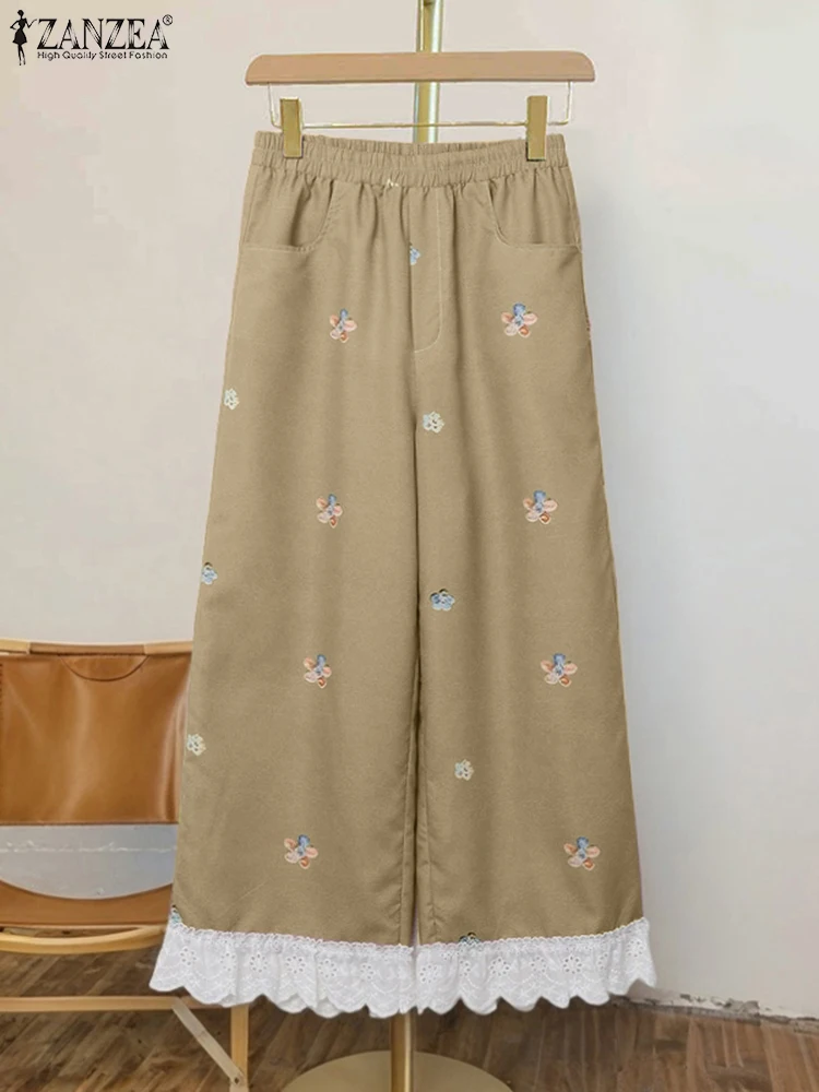 Summer Elastic Waist Wide Leg Pants Women Vintage Lace Patchwork Trouser ZANZEA 2025 Casual Loose Printed Pockets Bottoms 
Summer Elastic Waist Wide Leg Pants Women Vintage Lace Patchwork Trouser ZANZEA 2025 Casual Loose Printed Pockets Bottoms