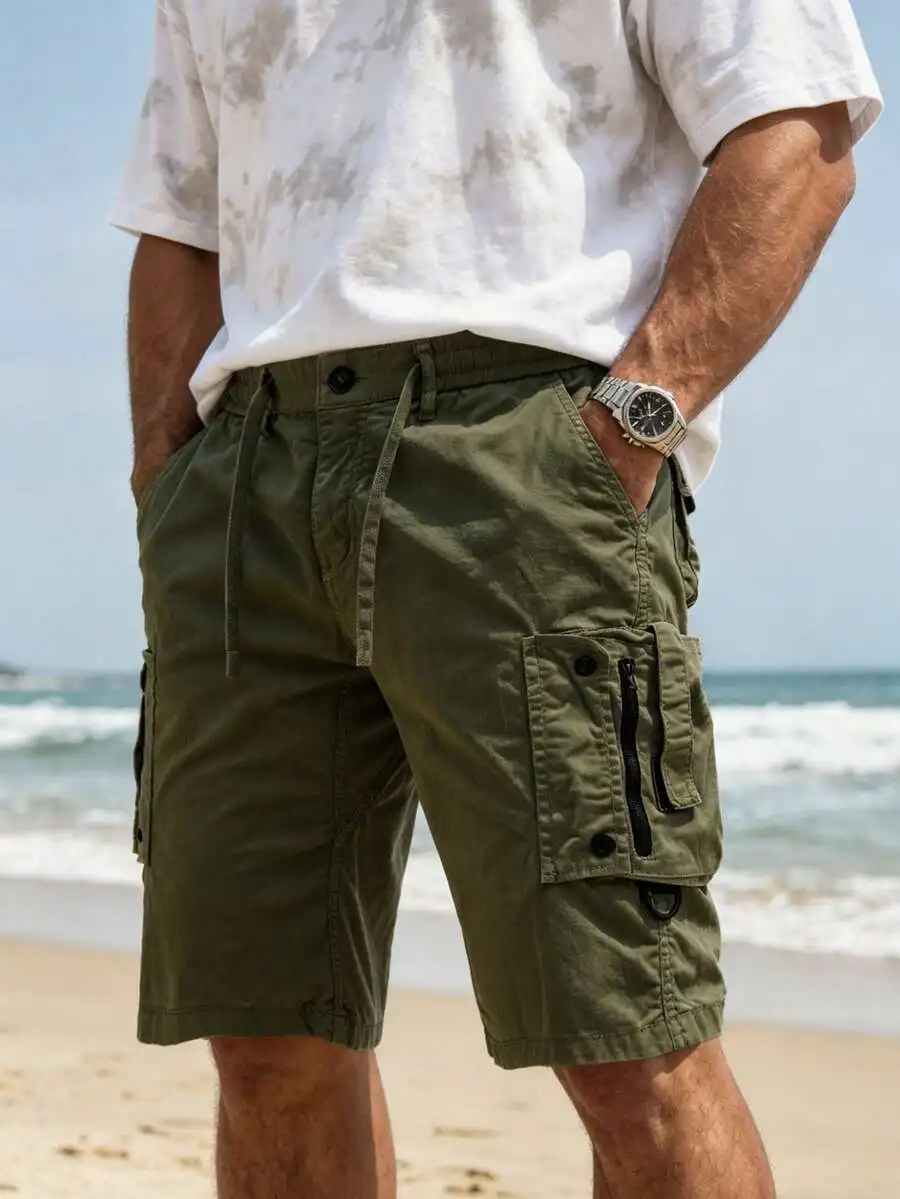 Olive Green Mens Utility Shorts With Zippered Cargo Pockets, Washed Cotton, Elastic Waist And Drawstring, Breathable For Beach
Olive Green Mens Utility Shorts With Zippered Cargo Pockets, Washed Cotton, Elastic Waist And Drawstring, Breathable For Beach