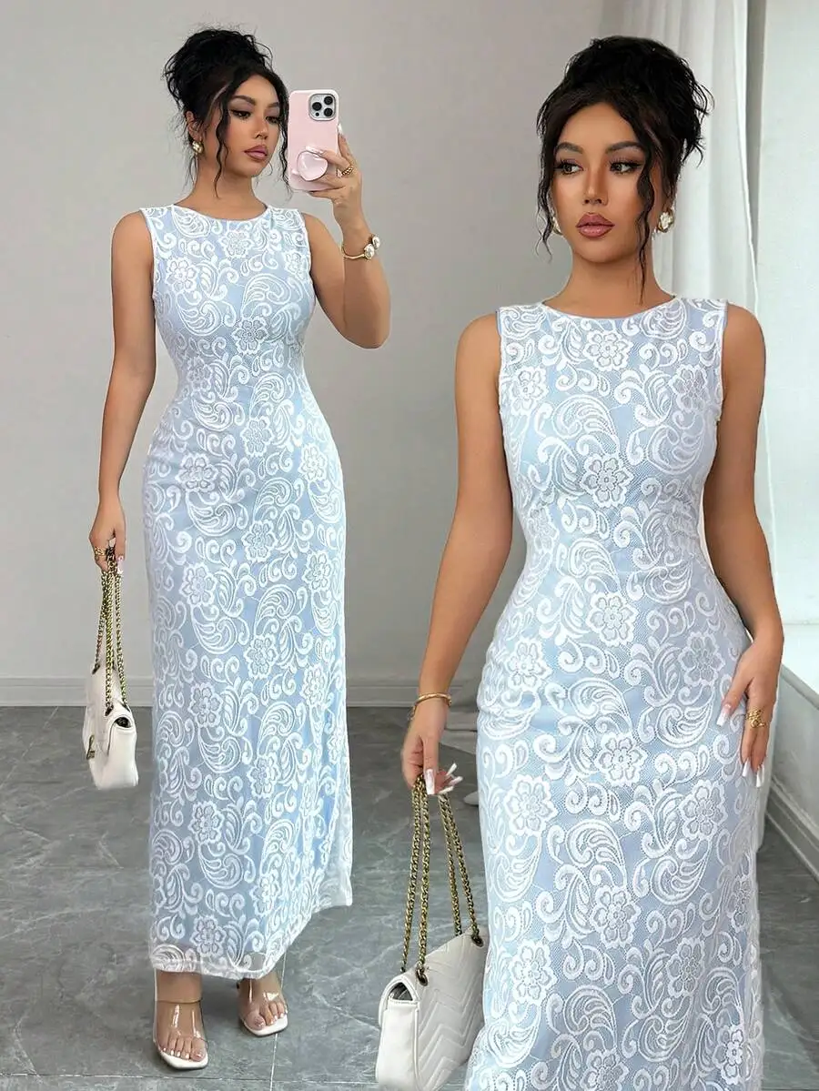 Light Blue Floral Lace Sleeveless V-Neck Bodycon Long Dress For Spring Summer Elegant Tea Party Wedding Guest
Light Blue Floral Lace Sleeveless V-Neck Bodycon Long Dress For Spring Summer Elegant Tea Party Wedding Guest