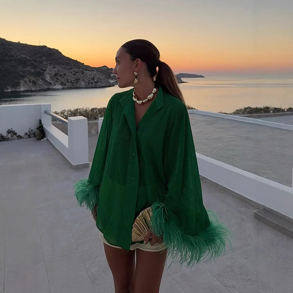 Green Glitter Autumn Women's Shirt Turn Down Collar Faux Ostrich Fur Button Female Blouse Versatile Chic Beach Tops For Lady 
Green Glitter Autumn Women's Shirt Turn Down Collar Faux Ostrich Fur Button Female Blouse Versatile Chic Beach Tops For Lady
