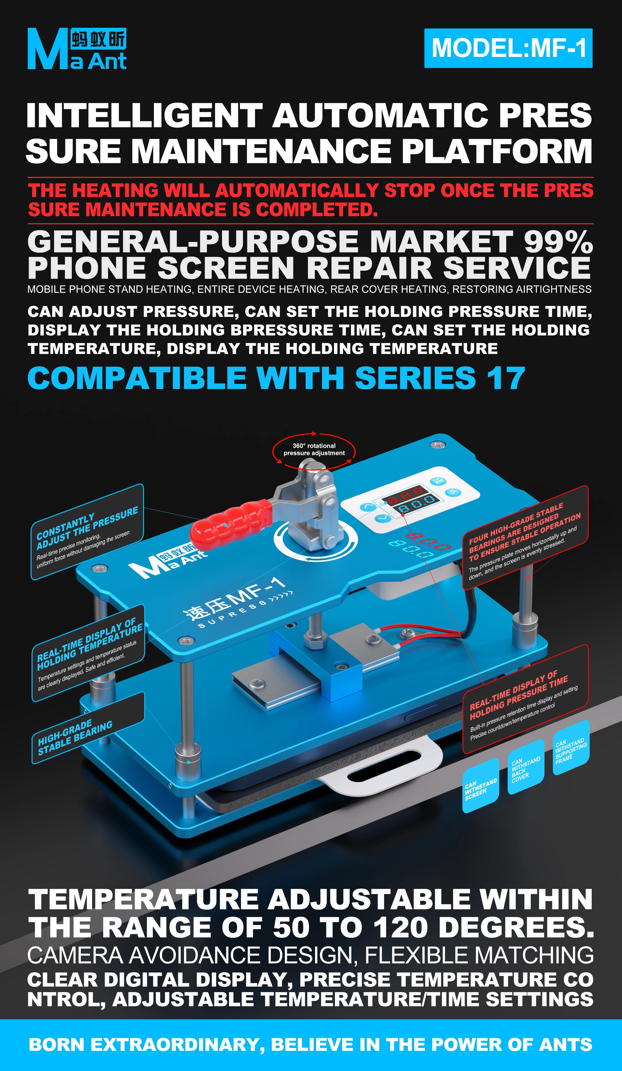 MaAnt MF-1 Intelligent Pressure Holding Table Digital Display/Temperature Control/Compatible with 17 Series For Phone Repair
MaAnt MF-1 Intelligent Pressure Holding Table Digital Display/Temperature Control/Compatible with 17 Series For Phone Repair