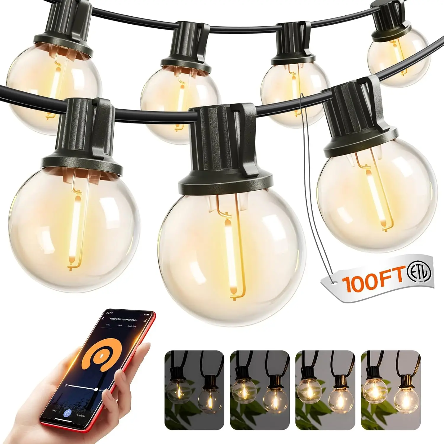 100FT Outdoor String Lights with APP Control, 54 LED G40 Shatterproof Bulbs, Dimmable & Waterproof for Patio, Garden, Backyard
100FT Outdoor String Lights with APP Control, 54 LED G40 Shatterproof Bulbs, Dimmable & Waterproof for Patio, Garden, Backyard
