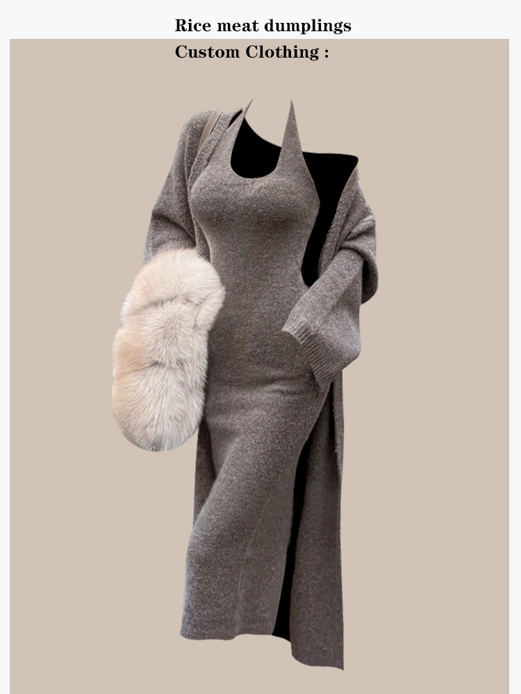 Autumn Winter Slimming Mocha Grey Knitted Neck Hanging Flower Silk Strapless Dress V-neck Open Cardigan Two-piece Set Women's...
Autumn Winter Slimming Mocha Grey Knitted Neck Hanging Flower Silk Strapless Dress V-neck Open Cardigan Two-piece Set Women's...