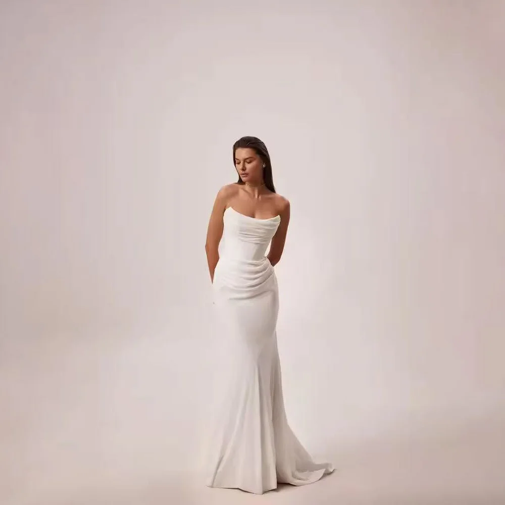 Crepe Wedding Dress Strapless Mermaid Sweep Train Bridal Gowns Simple Prom Bride Dresses Customized
Crepe Wedding Dress Strapless Mermaid Sweep Train Bridal Gowns Simple Prom Bride Dresses Customized