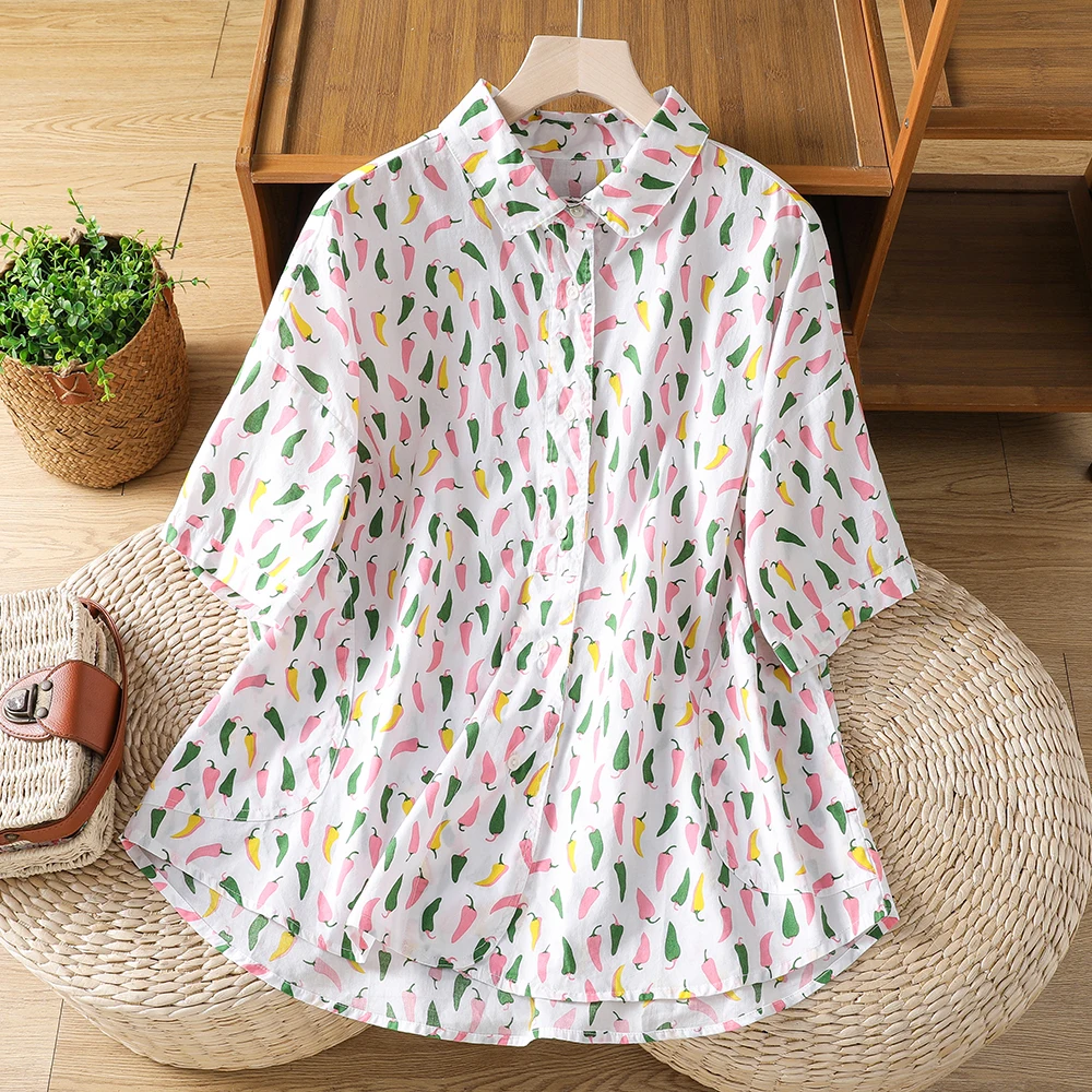 Loose Fit Short Sleeve Shirt Women's Casual Style Original Design Single Button Turn-down Collar Versatile Red Pepper Print Top
Loose Fit Short Sleeve Shirt Women's Casual Style Original Design Single Button Turn-down Collar Versatile Red Pepper Print Top