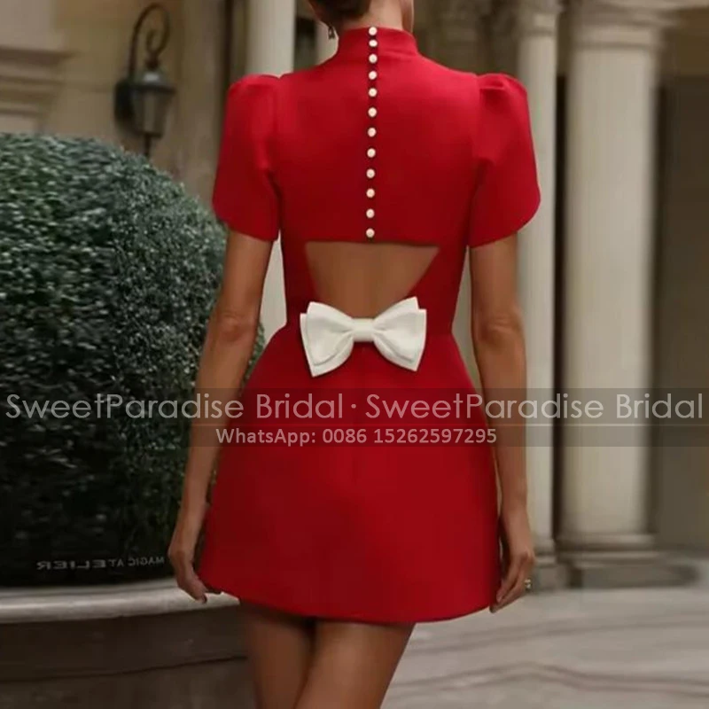 Customized Mini Bridesmaid Dresses With Short Sleeves Open Back Bow High Neck Red Satin Wedding Party Dress Maid Of Honor
Customized Mini Bridesmaid Dresses With Short Sleeves Open Back Bow High Neck Red Satin Wedding Party Dress Maid Of Honor