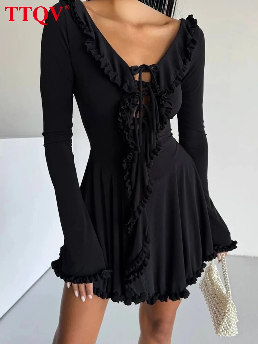 TTQV Fashion Slim Black Knitted Women's Dress 2026 Sexy V-Neck Long Sleeve Mini Dresses Elegant Classic Ruffles Female Dress
TTQV Fashion Slim Black Knitted Women's Dress 2026 Sexy V-Neck Long Sleeve Mini Dresses Elegant Classic Ruffles Female Dress