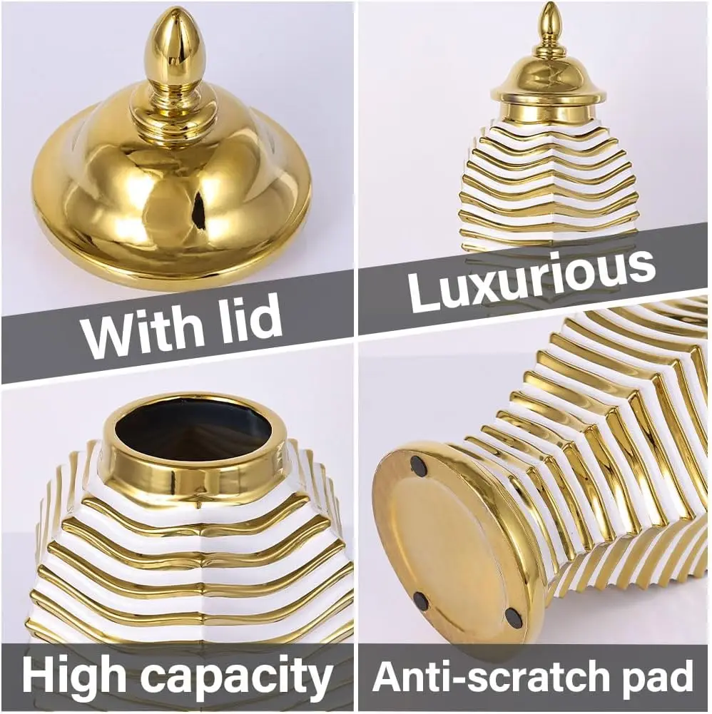 14.2"" White And Gold Luxury Ceramic Ginger Jar Vase With Lid - Modern Ceramic Ginger Jar Decorative Vase For Home Decor,
14.2"" White And Gold Luxury Ceramic Ginger Jar Vase With Lid - Modern Ceramic Ginger Jar Decorative Vase For Home Decor,