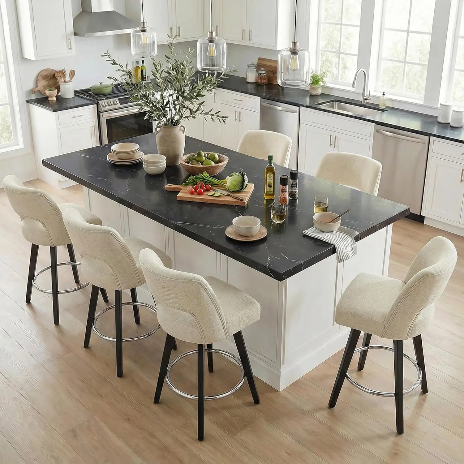 26in Swivel Counter Stools Set 6 Upholstered Rubberwood Legs Back Kitchen Island Bar Beige, Customized
26in Swivel Counter Stools Set 6 Upholstered Rubberwood Legs Back Kitchen Island Bar Beige, Customized