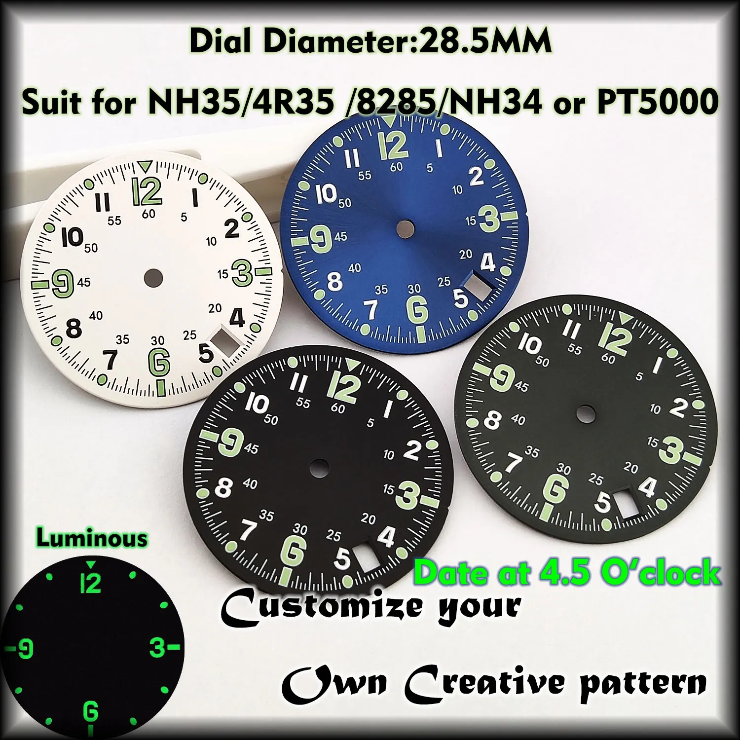 28.5mm watch dial suit for NH35/4R35 /8285/NH34 or PT5000 movement Luminous Numbers Index Chronograph Watch part Modification
28.5mm watch dial suit for NH35/4R35 /8285/NH34 or PT5000 movement Luminous Numbers Index Chronograph Watch part Modification