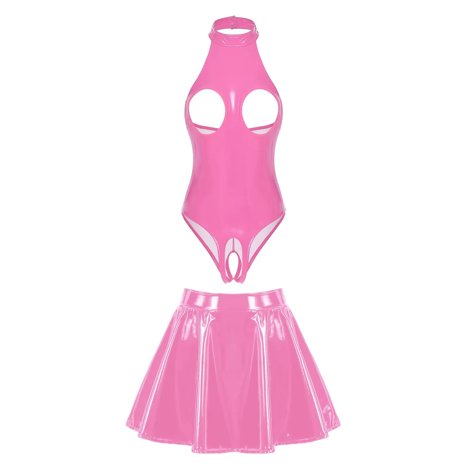 Womens Two Pieces Wet Look Patent Leather Set Halter Open Cup Crotchless Bodysuit with Zipper Flared Skirt Night Club Costume
Womens Two Pieces Wet Look Patent Leather Set Halter Open Cup Crotchless Bodysuit with Zipper Flared Skirt Night Club Costume