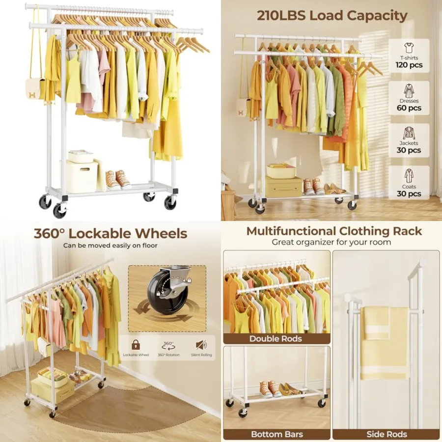 Double Rods Clothes Rack, Rolling Clothing Rack for Hanging Clothes Portable Wardrobe Rack, Metal Garment Rack Sturdy Coat Rack for Bedroom Laundry Living Room, White
Double Rods Clothes Rack, Rolling Clothing Rack for Hanging Clothes Portable Wardrobe Rack, Metal Garment Rack Sturdy Coat Rack for Bedroom Laundry Living Room, White