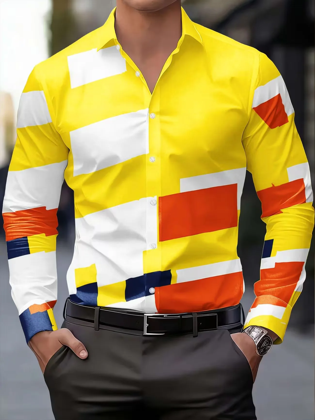 New Yellow White Orange Geometric Color Block Printed Men's Long Sleeve Shirt Trendy Brand Style Casual Shirt
New Yellow White Orange Geometric Color Block Printed Men's Long Sleeve Shirt Trendy Brand Style Casual Shirt