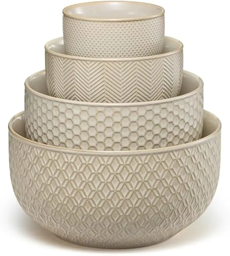4-Piece Ceramic Mixing Bowl Set, Embossed Design, Microwave & Dishwasher Safe, Nesting for Storage
4-Piece Ceramic Mixing Bowl Set, Embossed Design, Microwave & Dishwasher Safe, Nesting for Storage