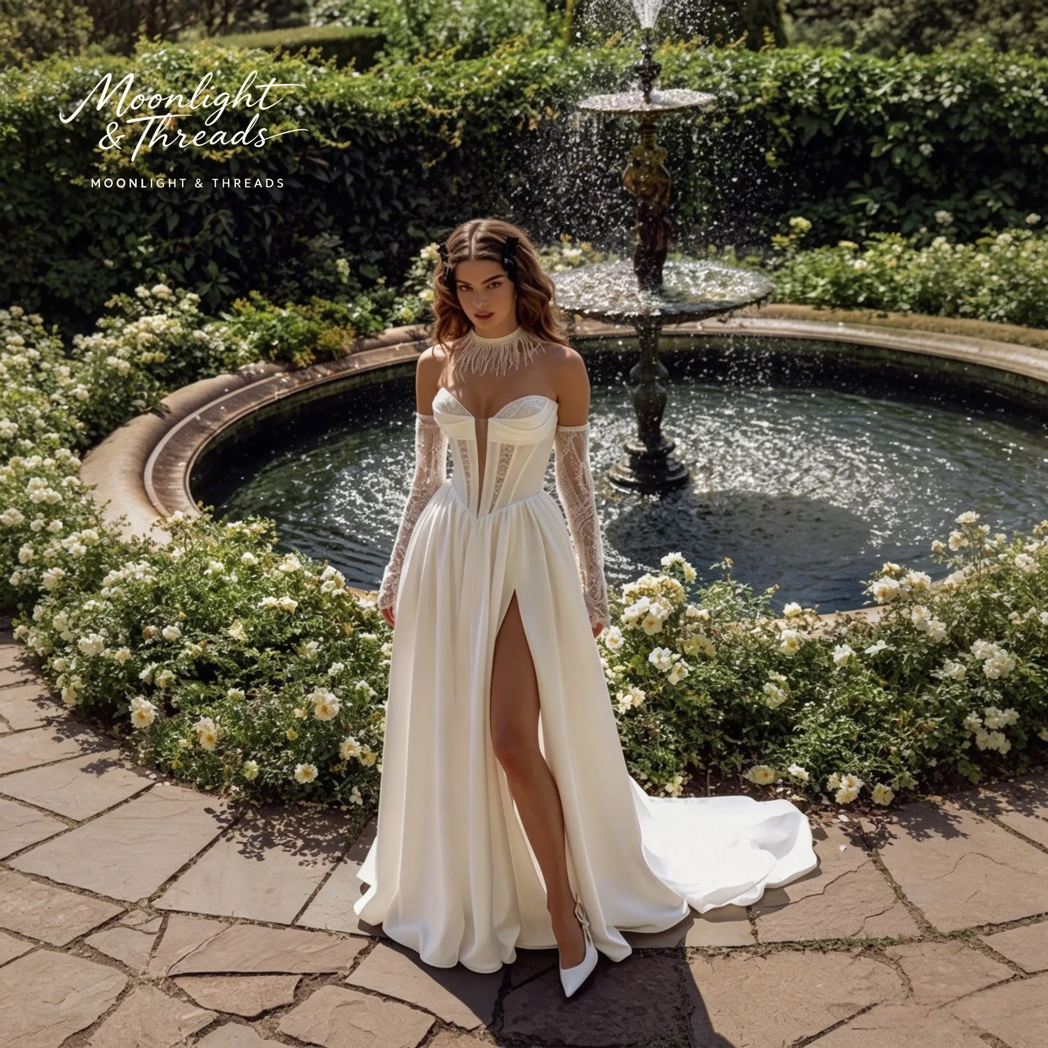 Ivory Satin Strapless Sleeveless Ball Gown Floor-Length Formal Wedding Dress with Lace and Boning Design
Ivory Satin Strapless Sleeveless Ball Gown Floor-Length Formal Wedding Dress with Lace and Boning Design