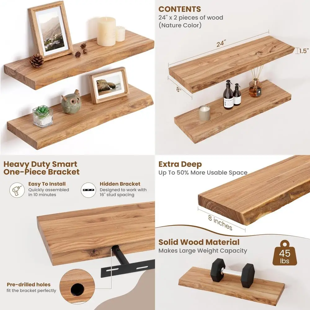 Настенные плавающие полки из дерева вяза в деревенском стиле с потайными кронштейнами
Настенные плавающие полки из дерева вяза в деревенском стиле с потайными кронштейнами