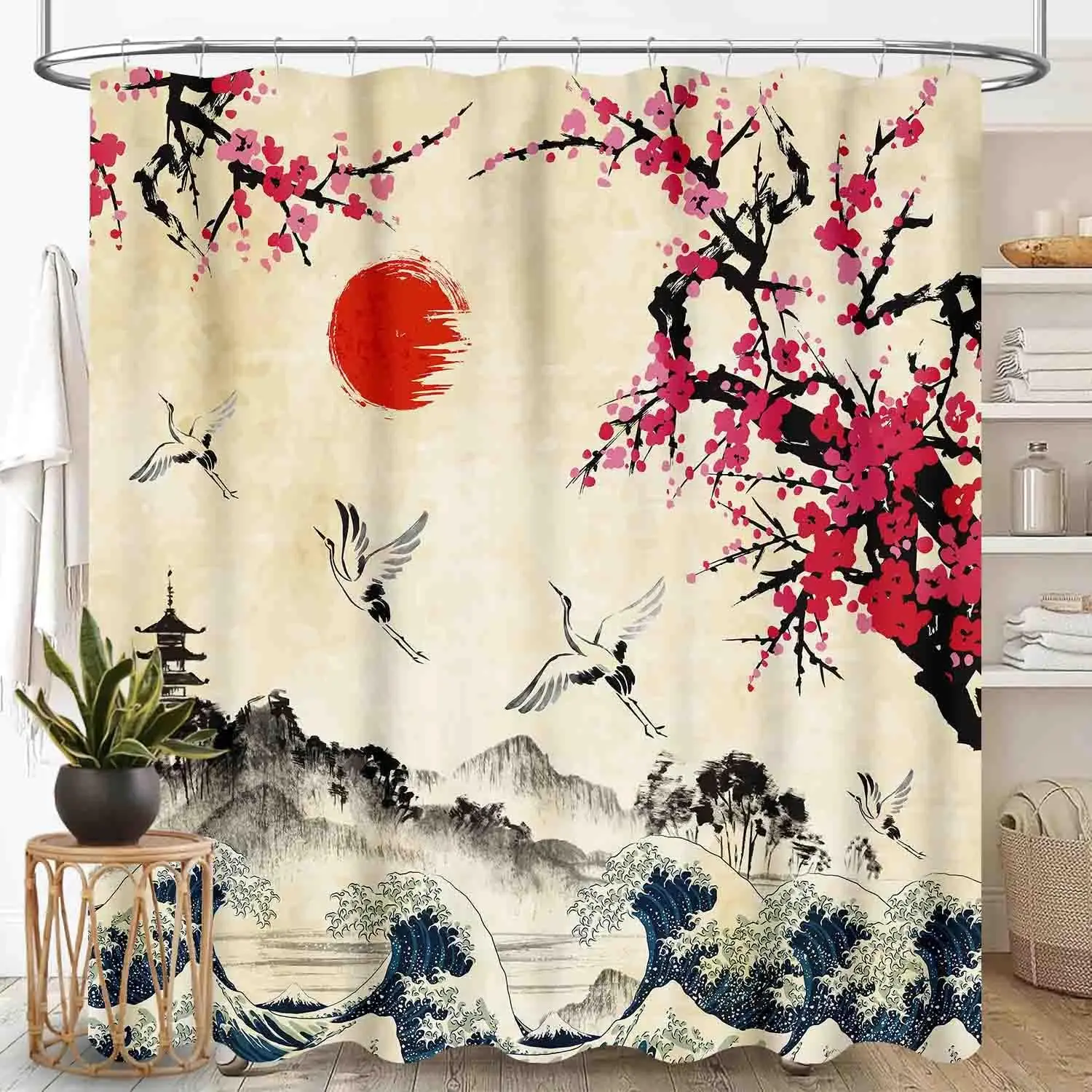 Japanese Shower Curtains, Pink Plum Blossom Cherry Floral Branch Asian Style Ink Painting Landscape Crane Birds Printed
Japanese Shower Curtains, Pink Plum Blossom Cherry Floral Branch Asian Style Ink Painting Landscape Crane Birds Printed