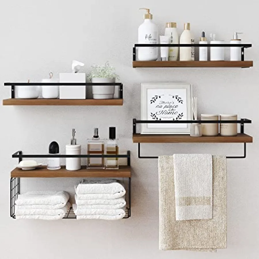 Wood Floating Shelves Wall Mounted - 4+1 Tier Rustic Bathroom Wall Shelves Over Toilet with Wire Storage Basket and Towel Bar S
Wood Floating Shelves Wall Mounted - 4+1 Tier Rustic Bathroom Wall Shelves Over Toilet with Wire Storage Basket and Towel Bar S