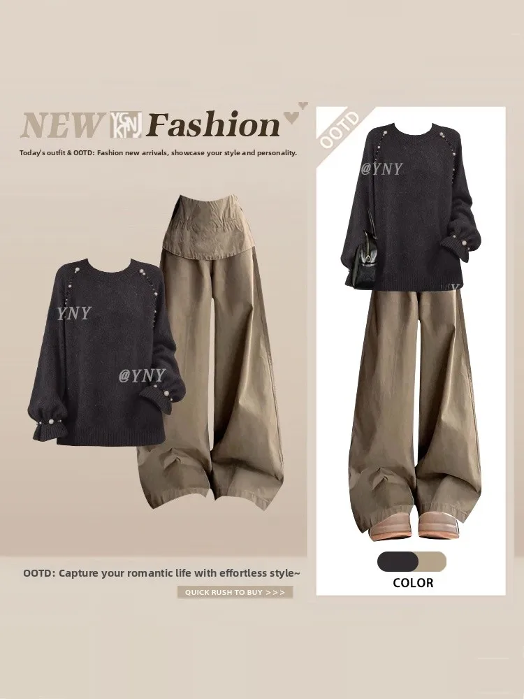 Ele Knitted Sweater And Wide Leg Pants Set for Women Winter Vintage Lazy Sle Pearl Embellied round Ne Two Piece Suit
Ele Knitted Sweater And Wide Leg Pants Set for Women Winter Vintage Lazy Sle Pearl Embellied round Ne Two Piece Suit
