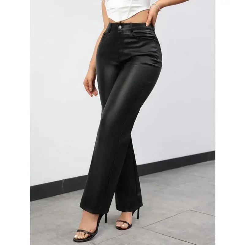 New Women's Pure Color ket Button Leather Casual Pants Straight Leg PVC Material ex Winter Faion Casual Trousers
New Women's Pure Color ket Button Leather Casual Pants Straight Leg PVC Material ex Winter Faion Casual Trousers