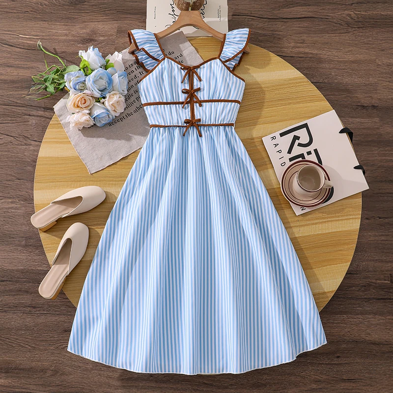Girls 8-12 Casual Dress, Blue White Striped Ruffle Sleeve Bow Tie Smocked Back Midi Dress, Fresh and Sweet for Daily Summer Wear
Girls 8-12 Casual Dress, Blue White Striped Ruffle Sleeve Bow Tie Smocked Back Midi Dress, Fresh and Sweet for Daily Summer Wear