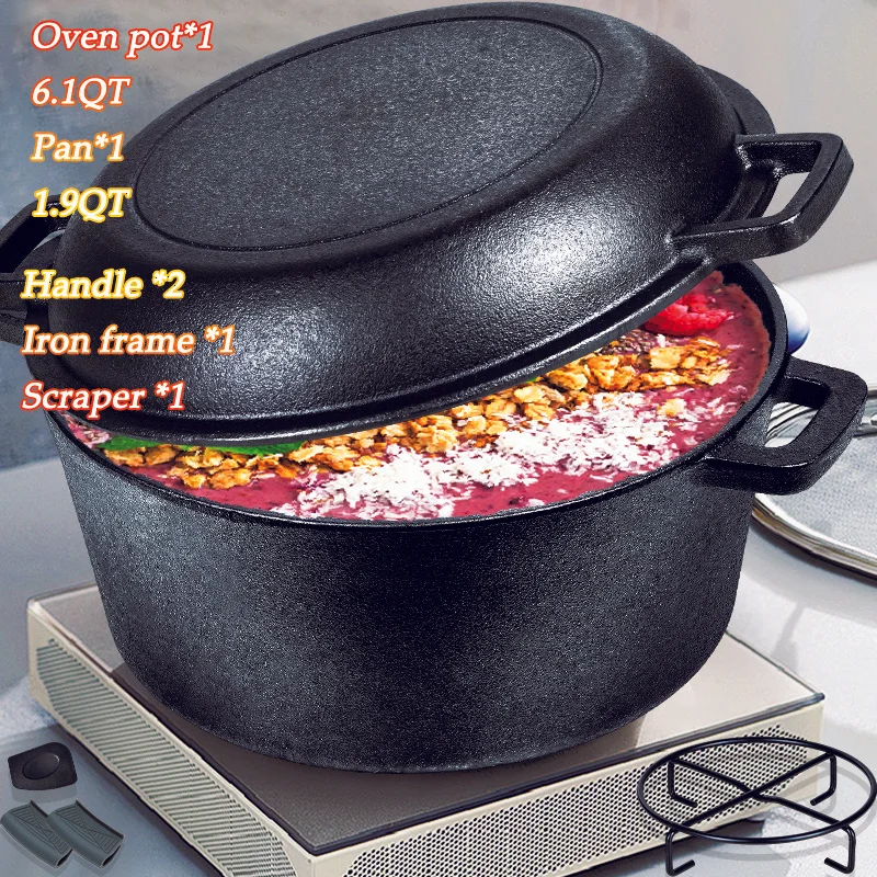 Two-in-one Cast Iron Dutch Pot Set, with 1.9-quart Frying Pot Cover, 6.1-quart Deep-bottomed Pot with Silicone Handle, Scraper and Iron Frame, Double-handle Cast Iron Cooker, Suitable for Oven, Stove, Barbecue, Family Gathering, Christmas.
Two-in-one Cast Iron Dutch Pot Set, with 1.9-quart Frying Pot Cover, 6.1-quart Deep-bottomed Pot with Silicone Handle, Scraper and Iron Frame, Double-handle Cast Iron Cooker, Suitable for Oven, Stove, Barbecue, Family Gathering, Christmas.