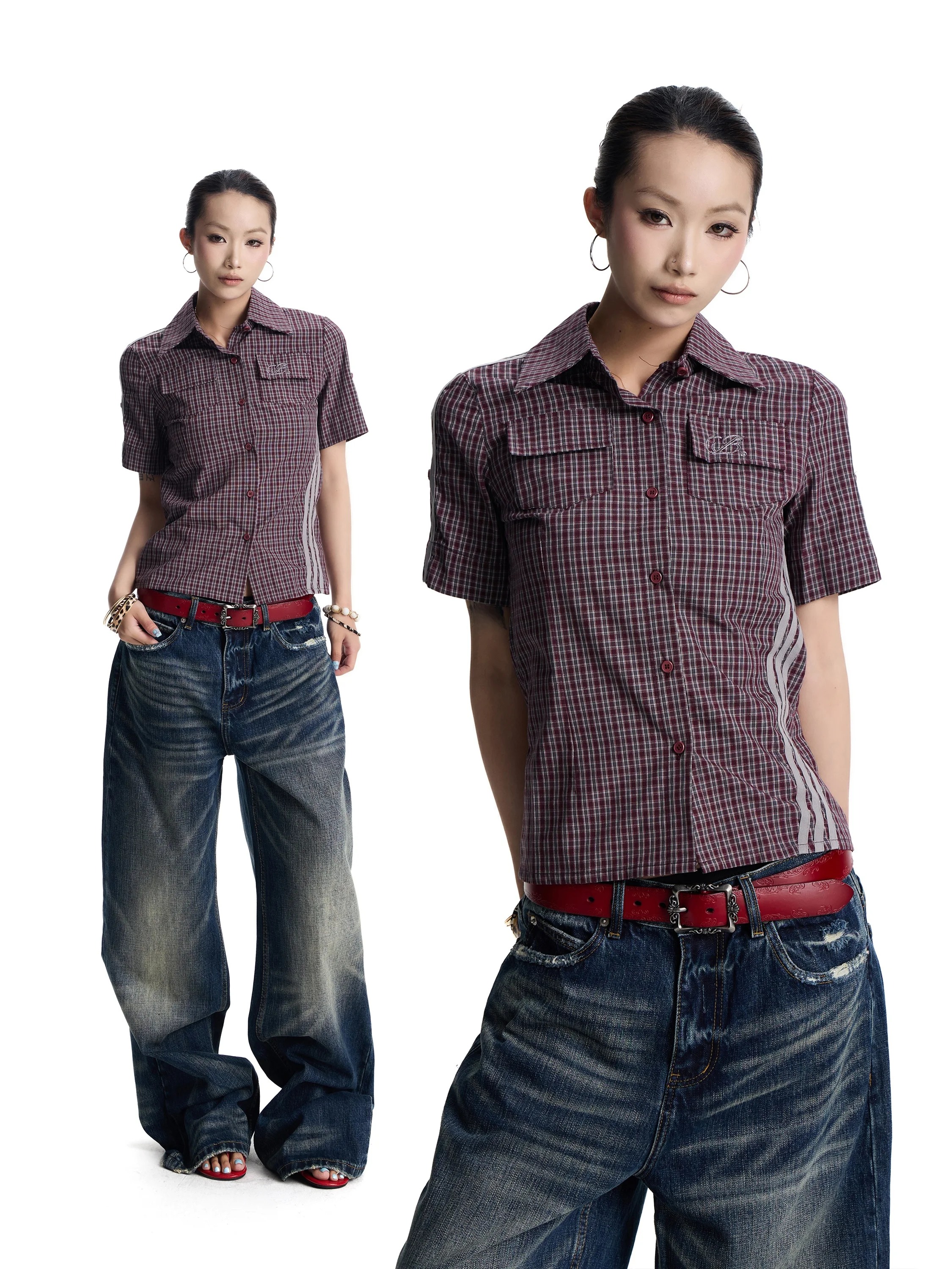 Retro American Style Shirt Vintage Distressed Plaid Slim Fit Short Sleeve Women's Cotton Shirt Red Wine Color Trendy Short Top
Retro American Style Shirt Vintage Distressed Plaid Slim Fit Short Sleeve Women's Cotton Shirt Red Wine Color Trendy Short Top