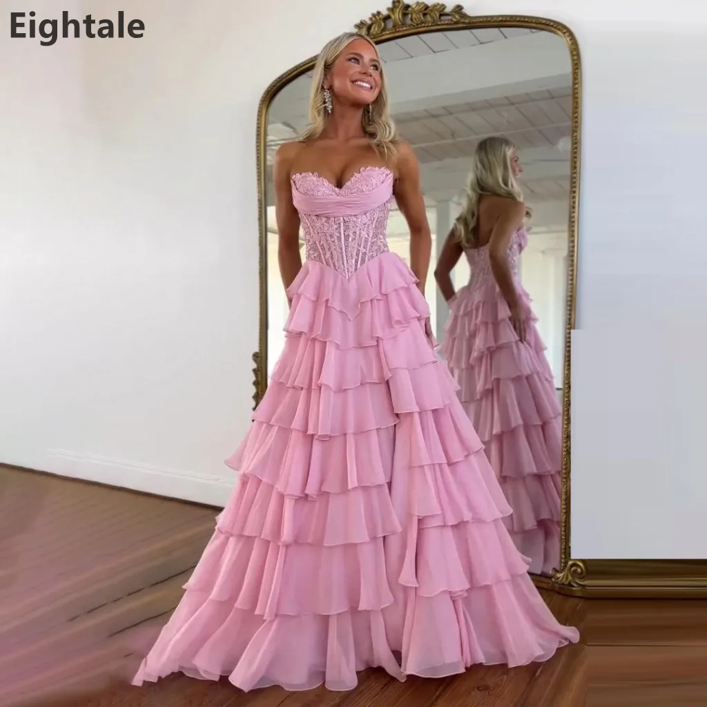 Eightale Pink Sweetheart Lace Corset Bodice Ruffled Chiffon Tiered Prom Dresses Slit Formal Evening Party Gowns Customized
Eightale Pink Sweetheart Lace Corset Bodice Ruffled Chiffon Tiered Prom Dresses Slit Formal Evening Party Gowns Customized