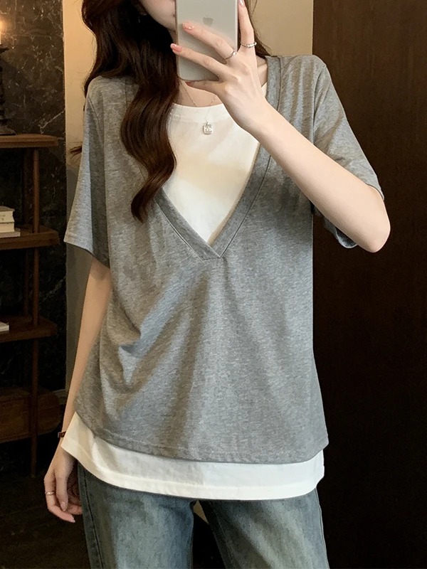 Summer Commute Style Women's plus Size Short Sleeve T-Shirt V-Neck Color Block Slimming Versatile Top Korean Version Breathab...
Summer Commute Style Women's plus Size Short Sleeve T-Shirt V-Neck Color Block Slimming Versatile Top Korean Version Breathab...