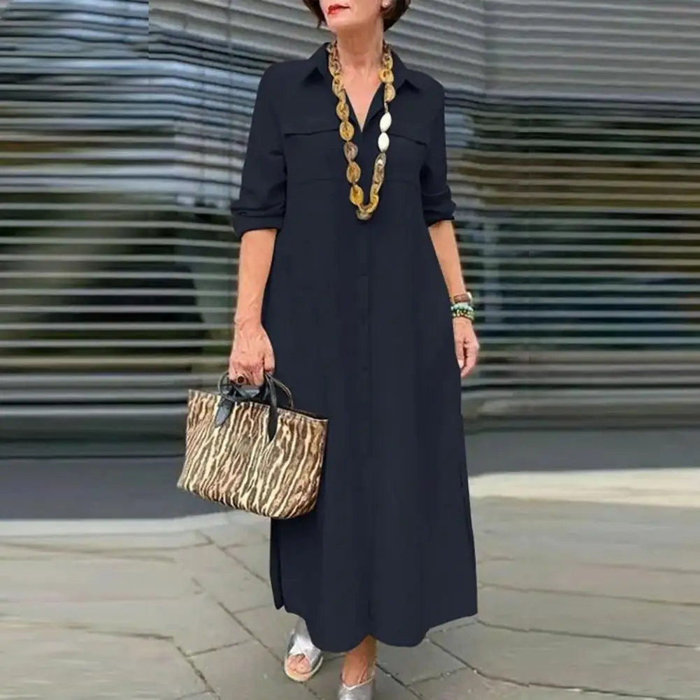 Women Dress Solid Color A-line Maxi Dress with Turn-down Collar Chest Pocket for Women Long Sleeve Single-breasted Ankle Length
Women Dress Solid Color A-line Maxi Dress with Turn-down Collar Chest Pocket for Women Long Sleeve Single-breasted Ankle Length