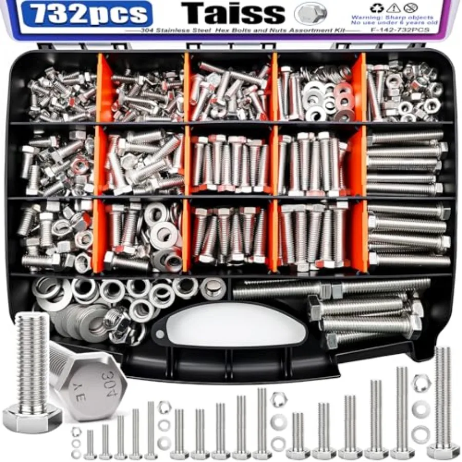 Hex Bolts and Nuts Assortment 1/4-20, 5/16-18, 3/8-16, 1/2-13 1/2" to 2-1/2" 304 Stainless Steel Nuts and Bolts Assortment Kit
Hex Bolts and Nuts Assortment 1/4-20, 5/16-18, 3/8-16, 1/2-13 1/2" to 2-1/2" 304 Stainless Steel Nuts and Bolts Assortment Kit