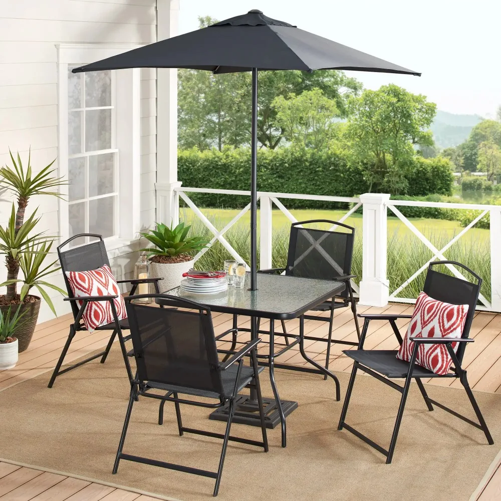 6-Piece Outdoor Patio Dining Set,Black Metal Patio Furniture with 1 Tempered Glass Table & 4 Folding Chair 1 Foldable Umbrella
6-Piece Outdoor Patio Dining Set,Black Metal Patio Furniture with 1 Tempered Glass Table & 4 Folding Chair 1 Foldable Umbrella