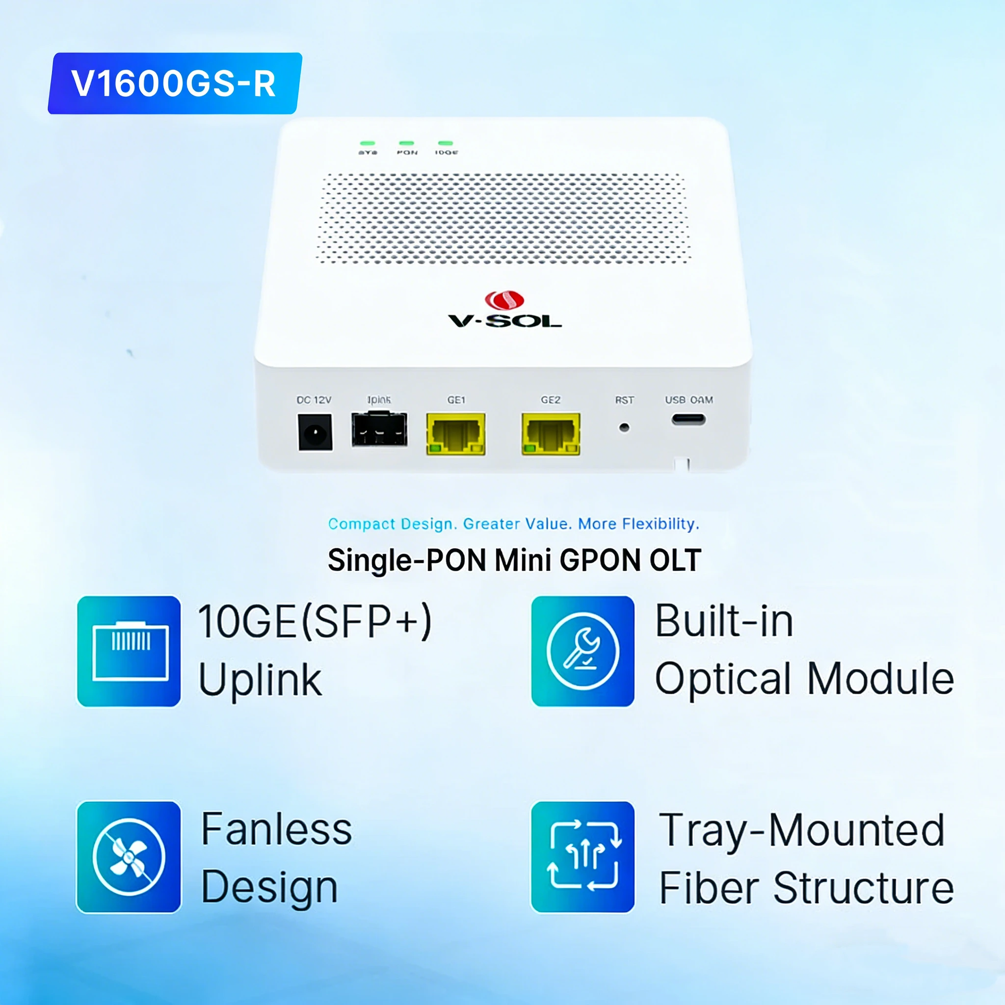 VSOL Mini GPON OLT 1 порт, поддержка 64 ONUs, встроенный PON-модуль, бесшумная конструкция без вентиляторов, низкое энергопотребление 5В, интерфейс SC/UPC, совместимость
VSOL Mini GPON OLT 1 порт, поддержка 64 ONUs, встроенный PON-модуль, бесшумная конструкция без вентиляторов, низкое энергопотребление 5В, интерфейс SC/UPC, совместимость
