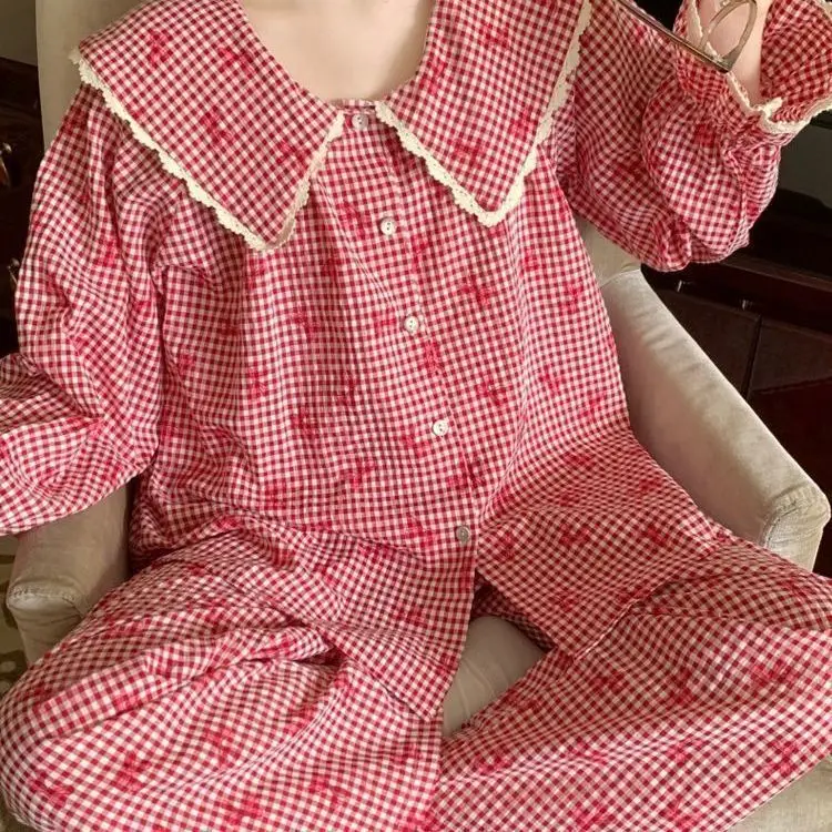 New Women Pajamas Red Plaid Cardigan Long Sleeve Trousers Homewear Set Korean Student Sleepwear Cute Girls Nightwear Outerwear
New Women Pajamas Red Plaid Cardigan Long Sleeve Trousers Homewear Set Korean Student Sleepwear Cute Girls Nightwear Outerwear