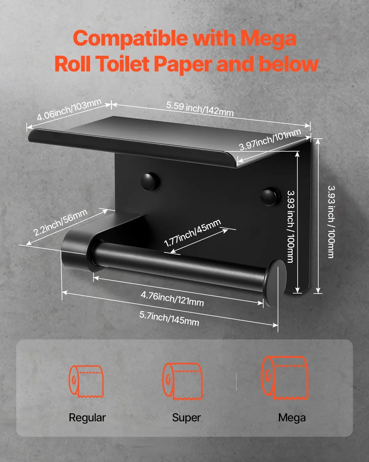 Toilet Paper Holder With Shelf, Fits Mega Rolls Size, Stainless Steel Rustproof Material, Wall Mounted With Screws And Double-Sided Tape, Toilet Roll Tissue Holder For Bathroom, Matte Black
Toilet Paper Holder With Shelf, Fits Mega Rolls Size, Stainless Steel Rustproof Material, Wall Mounted With Screws And Double-Sided Tape, Toilet Roll Tissue Holder For Bathroom, Matte Black