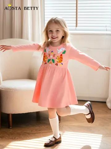 Nuevos vestidos de manga larga para niñas en otoño, vestidos de princesa para niños de moda europea y americana, lindo cartoo de algodón tejido