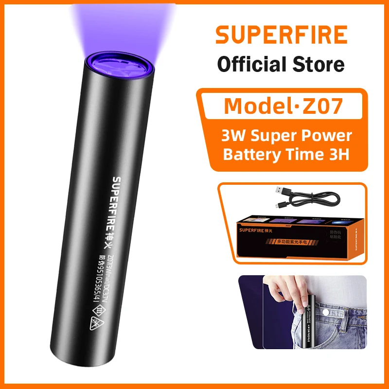 SUPERFIRE Z07 УФ-фонарик Мини-ультрафиолетовый фонарик Портативный 395 нм фиолетовый перезаряжаемый светильник для детектора мочи скорпиона домашних животных
SUPERFIRE Z07 УФ-фонарик Мини-ультрафиолетовый фонарик Портативный 395 нм фиолетовый перезаряжаемый светильник для детектора мочи скорпиона домашних животных