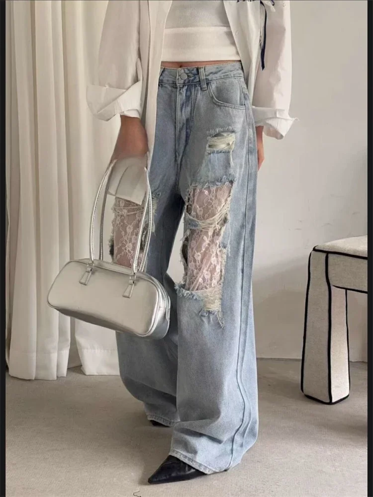 Summer Women's Large Hole Patchwork Lace Jeans High Waist Wide Legs Trousers Cool Girl Casual Bottoms Female Denim Pants
Summer Women's Large Hole Patchwork Lace Jeans High Waist Wide Legs Trousers Cool Girl Casual Bottoms Female Denim Pants