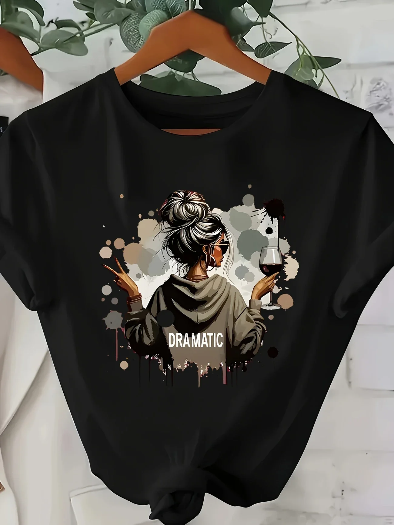 Plus - Size Dramatic Woman Graphic Tee, Black Short - Sleeve T - shirt with Wine Glass Print
Plus - Size Dramatic Woman Graphic Tee, Black Short - Sleeve T - shirt with Wine Glass Print