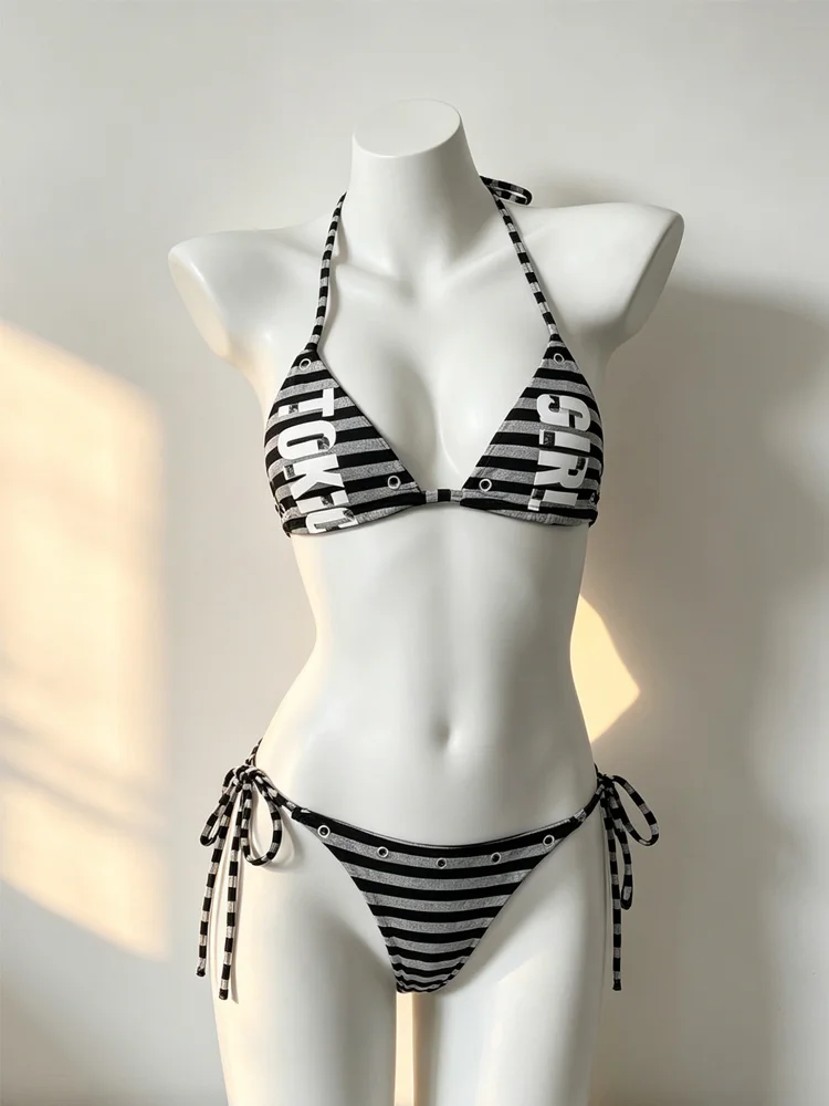 Women's Punk Striped Bikini Set Sexy Girl Letter Printed Strap Tie Side Beach Wear Swimsuit Summer 2026
Women's Punk Striped Bikini Set Sexy Girl Letter Printed Strap Tie Side Beach Wear Swimsuit Summer 2026