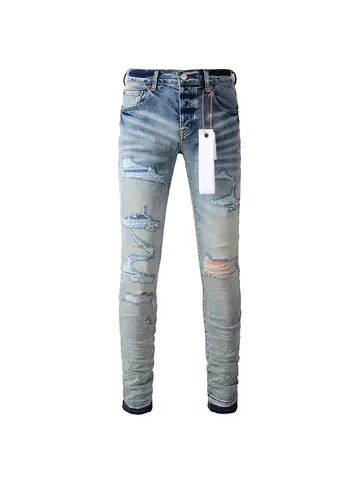 Men's American High Street Fashion Style Distressed Light Blue Stretch Skinny Damaged Holes Raw Hems Button Fly Ripped Jeans Men