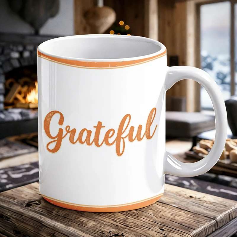 11 oz 'Grateful' orange text ceramic mug with handle, full-print pattern coffee cup, insulated milk cup, office water cup
11 oz 'Grateful' orange text ceramic mug with handle, full-print pattern coffee cup, insulated milk cup, office water cup