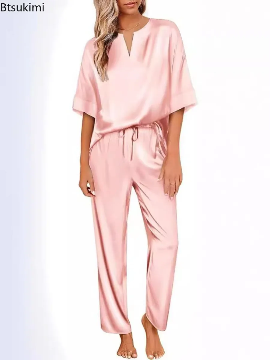 2025 Women's Summer Solid Pajamas Set Satin Short Sleeve Top Long Pants Sleepwear 2 Piece Set for Women Home Lounger Loose Suit
2025 Women's Summer Solid Pajamas Set Satin Short Sleeve Top Long Pants Sleepwear 2 Piece Set for Women Home Lounger Loose Suit