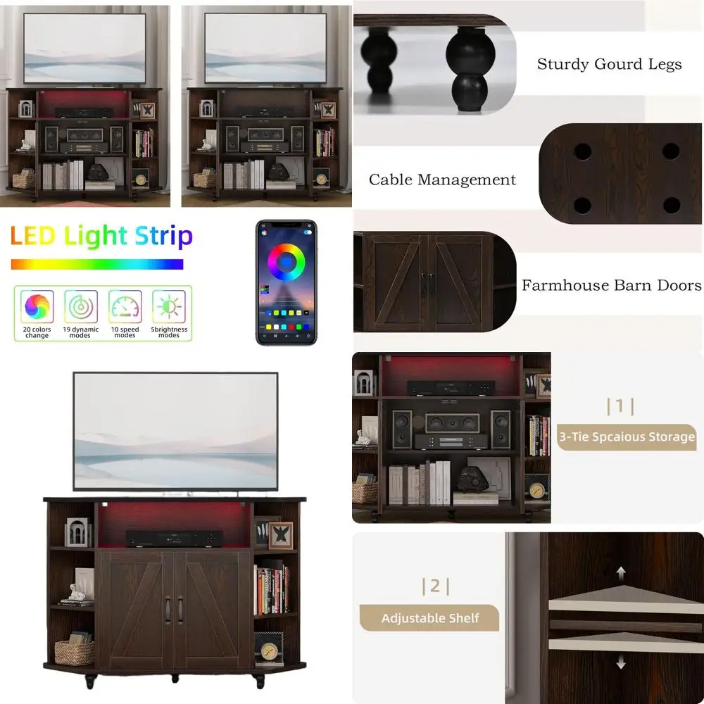 Farmhouse Style Corner TV Stand with LED Lights, Adjustable Shelves, and Barn Doors for 50 TVs in Brown and Black, Perfect for L
Farmhouse Style Corner TV Stand with LED Lights, Adjustable Shelves, and Barn Doors for 50 TVs in Brown and Black, Perfect for L