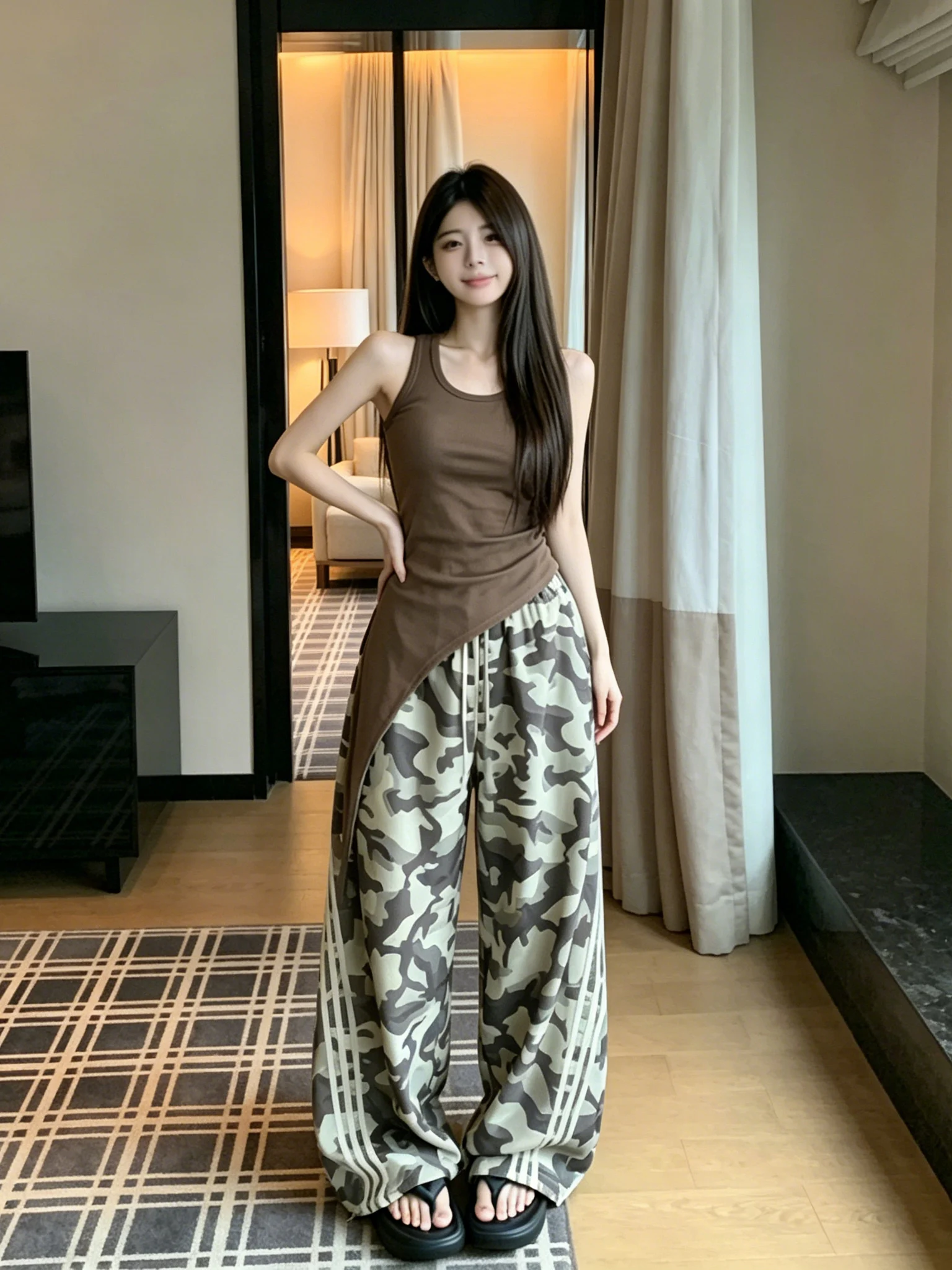 Casual Fashion Commute American Style Set Women's Asymmetrical Vest Camouflage Wide Leg Pants Slimming Two Piece Set
Casual Fashion Commute American Style Set Women's Asymmetrical Vest Camouflage Wide Leg Pants Slimming Two Piece Set