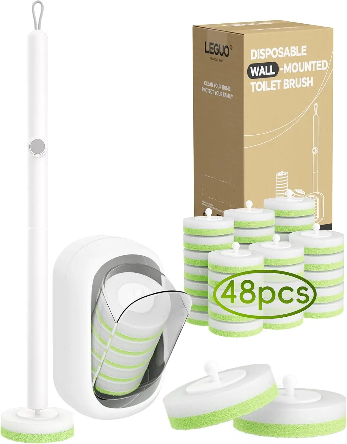Wall Mounted Toilet Brush System with Disposable Refills and One-Button Release Wand, 48 Green Scrub Heads Included
Wall Mounted Toilet Brush System with Disposable Refills and One-Button Release Wand, 48 Green Scrub Heads Included
