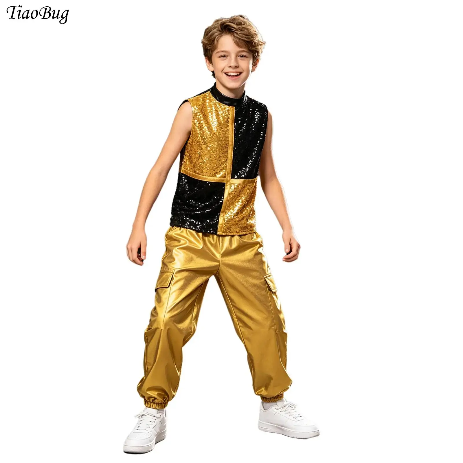 Kids Boys Rhythmic Latin Jazz Ballet Dance Performance Costume Sleeveless Metallic Shiny Sequin Color Block Top with Cargo Pants
Kids Boys Rhythmic Latin Jazz Ballet Dance Performance Costume Sleeveless Metallic Shiny Sequin Color Block Top with Cargo Pants